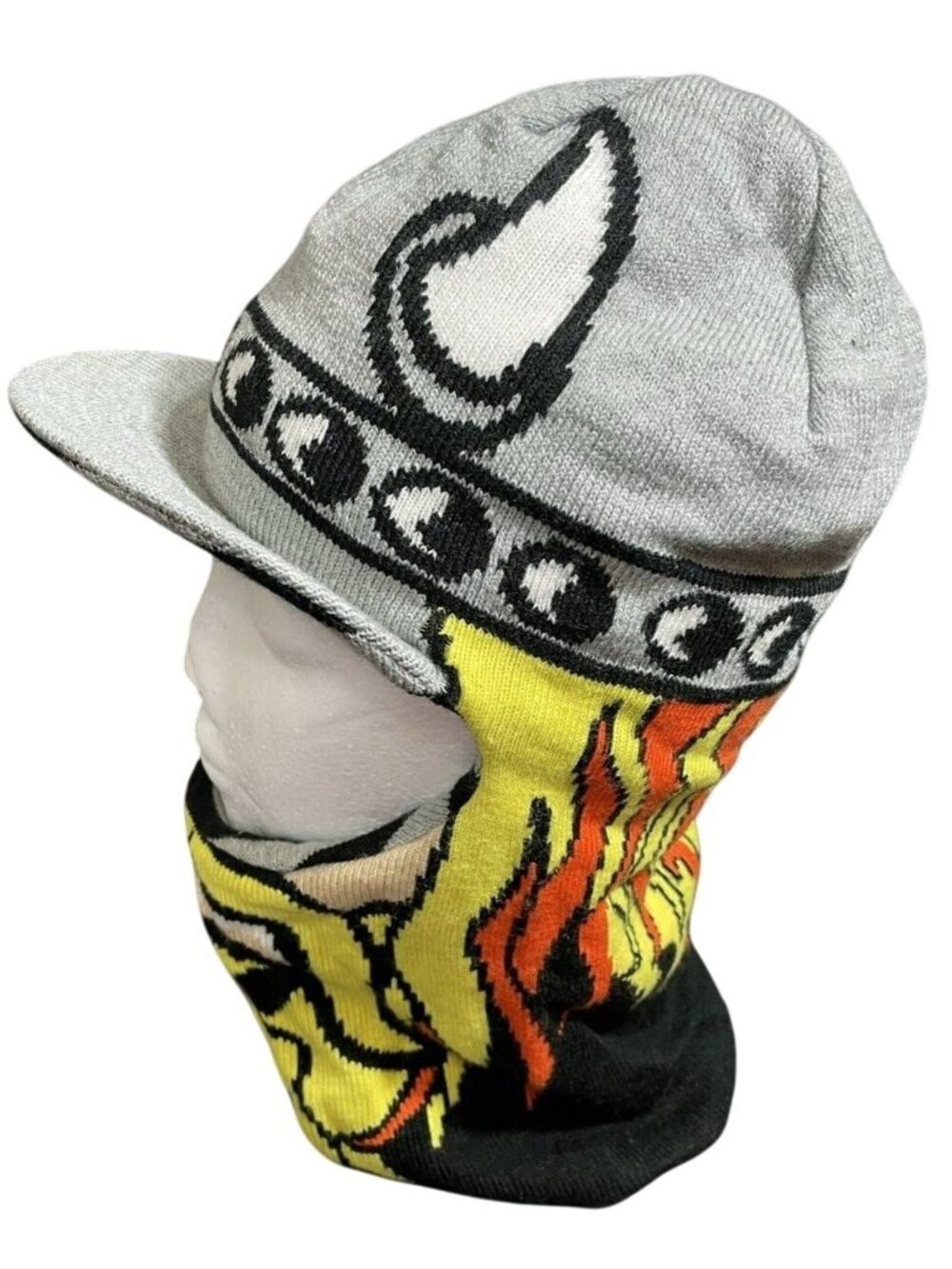 Childs 4-20 Knitted Viking Helmet Hat Flames Beard Gray Yellow Black Beanie Mask